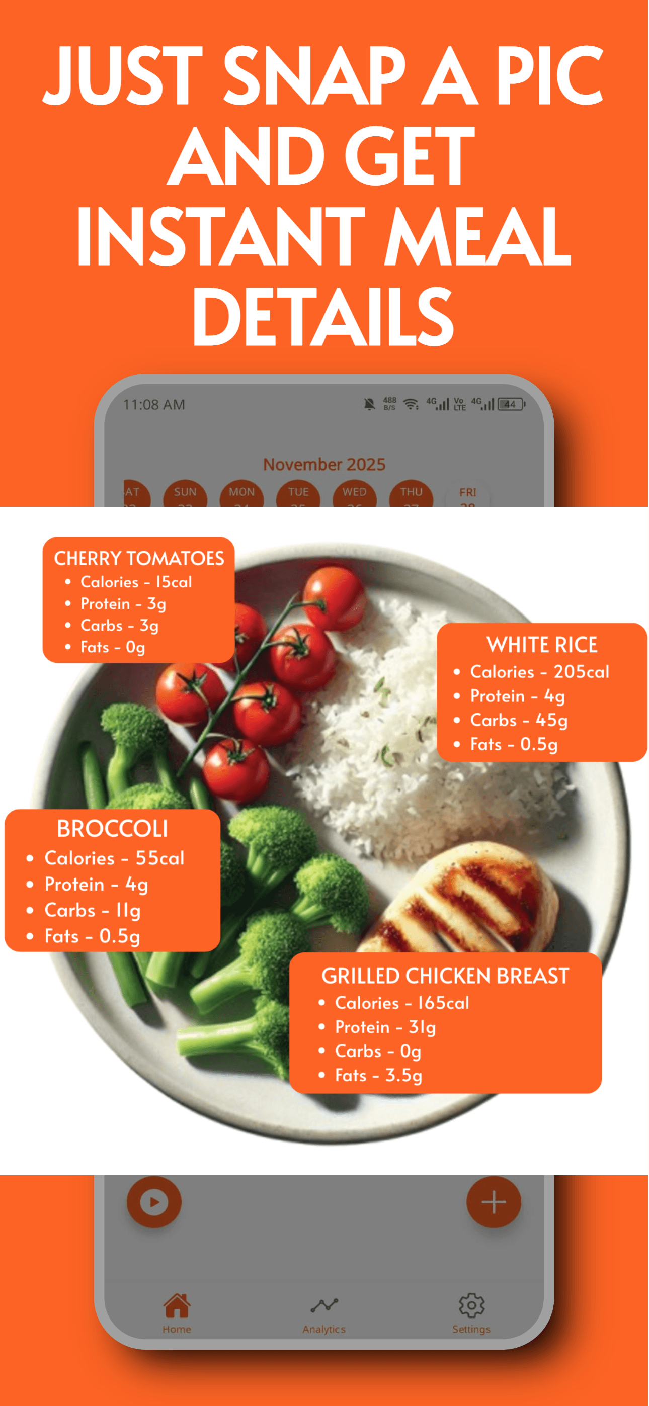 Calc app screenshot showing a meal's calories and macros
